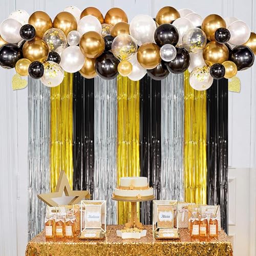 Image of Voircoloria 2 Pack Black Gold Silver Foil Fringe Backdrop Curtains, Tinsel Streamers Party Decorations, Fringe Backdrop, Door Shimmer for New Years or Birthday Party