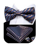 Dubulle Blue and Brown Stripes Bowties for Men Navy Blue Mens Pre-tied Bowtie Handkerchief Cufflinks Business
