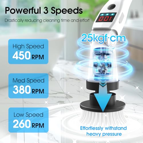 Image of Electric Spin Scrubber, Shower Scrubber with Long Handle, Rechargeable Cordless Power Scrubber, Retractable & Adjustable Angle Spin Brush for Cleaning Bathroom /Tub /Floor /Tile (Black-White+Beige)