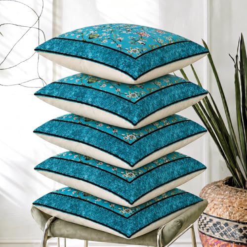 Image of Nendle Printed Holland Velvet Cushion Covers Set of 5, 16 x 16 Inches (40 x 40 cm), Decorative Sofa Cushion Cover with Zipper Closure, Floral Geometric Abstract Bohemian Designs, Multicolor