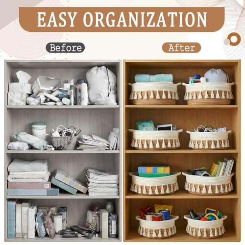 LemonRoad 5 Pcs Round Hand Woven Storage Basket with Handle Multi-size Cotton Rope Small Container Bin for Shelves Empty Gift Basket Closet Toilet Bathroom Nursery Dresser Organizer Boho Decor (Brown) - Image 6