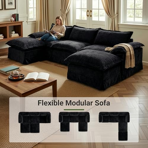 Image of Claiks 123 inch Modular Boneless Couch, U Shaped Couch for Living Room, Modern Deep Seat Sofa 3 Seater Chenille Fabric Comfy Cloud Couches with Movable Ottoman, Black