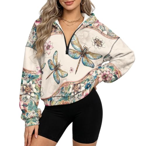 Xpyiqun Boho Dragonfly Half Zip Crop Sweatshirt Fleece Fall Hoodie Women