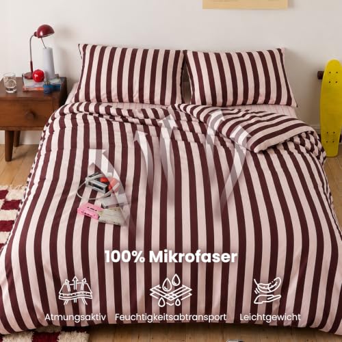 Freyamy Bettwäsche 135x200cm 2tlg Rosa Bordeaux Streifen Bettwäsche – Ansicht 4