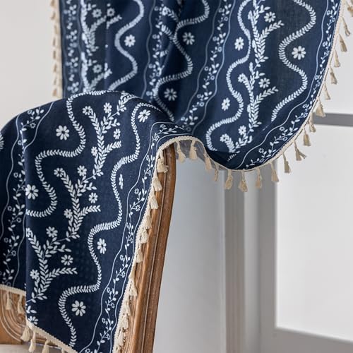 Image of Navy Blue Boho Curtains 45 Inch Long for Living Room, Bedroom, 2 Panels Floral Farmhouse Vintage Tassel Semi Sheer Light Filtering Privacy Window Curtain Drapes with Rod Pocket, Navy Blue