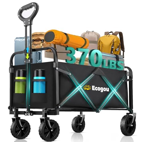 Ecogou Collapsible Wagon with Wheels, 370lbs Weight Capacity Foldable Beach Wagon with Flexible Handle Portable Utility Wagon Cart for Outdoor, Grocery, Garden, Camping