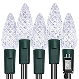 WATERGLIDE C6 Christmas Lights, 33ft 100 LED Faceted String Lights Green Wire Fairy Lights with 29V Safe Adaptor, 8 Lighting Mode, Waterproof for Indoor Outdoor Patio Xmas Tree Party Decor, Cool White