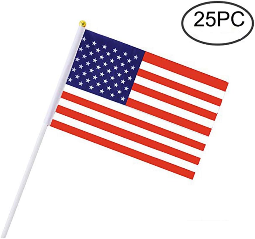 25 Pcs Hand Held American Flags on Stick Sports/Parade Mini Country Flags with Gold Round Top - 5.5" x 8"
