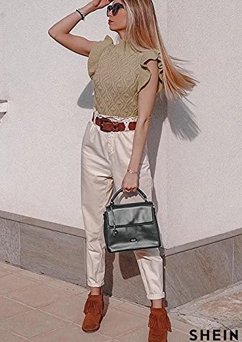 Missactiver Women’s Ruffle Armhole Solid Sweater Vest Casual Mock Neck Sleeveless Knitted Sweater Streetwear Khaki #TOP4