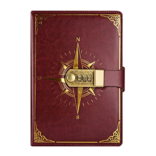 NectaRoy Carnet de Voyage, Carnet de Note avec serrure, Journal intime avec Code(Modèle de Boussole), Carnet Secret fille pour Bureau Scolaires Étudiant Papeterie Cadeau D'anniversaire, 22x15cm Cover