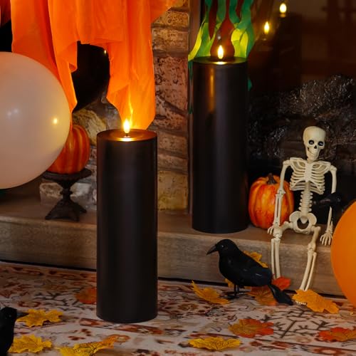 Image of Waterproof 4 inch x 12 inch Flameless LED Remote Candles, Battery Operated Flickering Fake Timer Pack of 2 Tall Large Plastic Black Pillar Lasting 420 Hrs Outdoor Candles for Halloween Festival