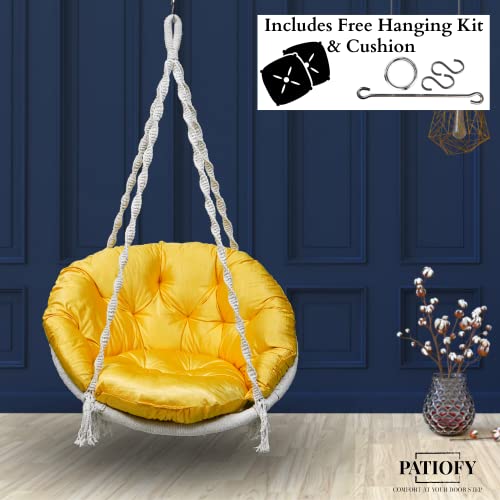 Image of Patiofy Premium Round Shaped Swing for Adults /Jhula for Adults /Swing for Balcony /Hammock Swing /Jhoola for Adults Outdoor /150kgs Weight Capacity /Includes Large Yellow Sitting Cushion(White-32Inches)