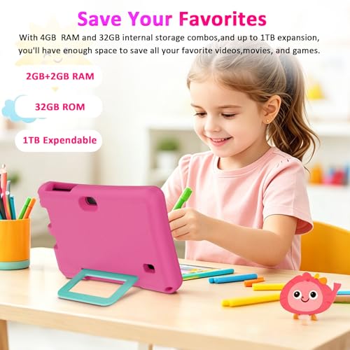 Image of Kids Tablet 7 inch Android 12.0 for Toddler, 4GB RAM 32GB ROM Bluetooth IPS Screen Parental Control Dual Camera Shockproof Case for Educational Games (Pink)