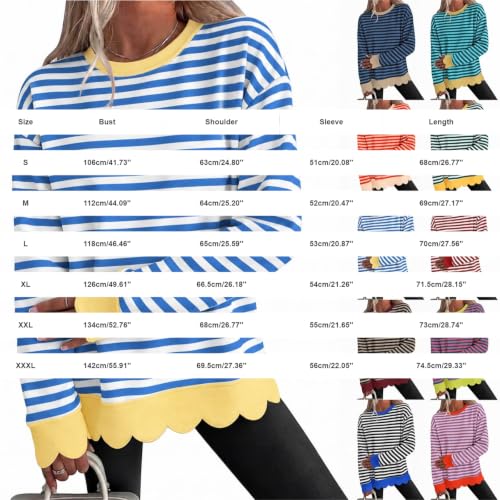 Womens Scalloped Crewneck Sweatshirt Striped Long Sleeve Tops 2026 Red - image 6