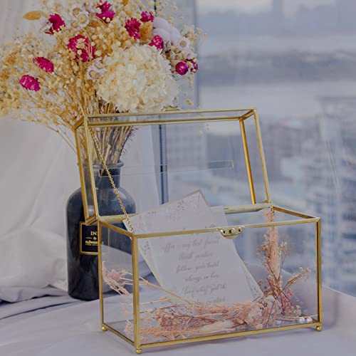 Jajamy Glass Wedding Card Box With Slot, Large Clear Card Box Gold Brass Gift Card Storage Box Perfect For Wedding Receptions, Baby Shower, Birthday Party, Bridal Shower Greeting Card Glass Organizer #TOP1