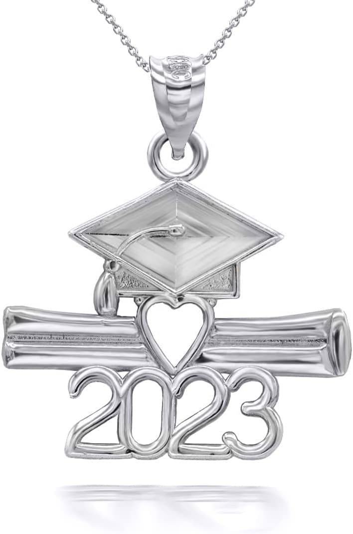 Claddagh Gold Fine Sterling Silver Class of 2023 Open Heart Diploma and Cap Pendant Necklace