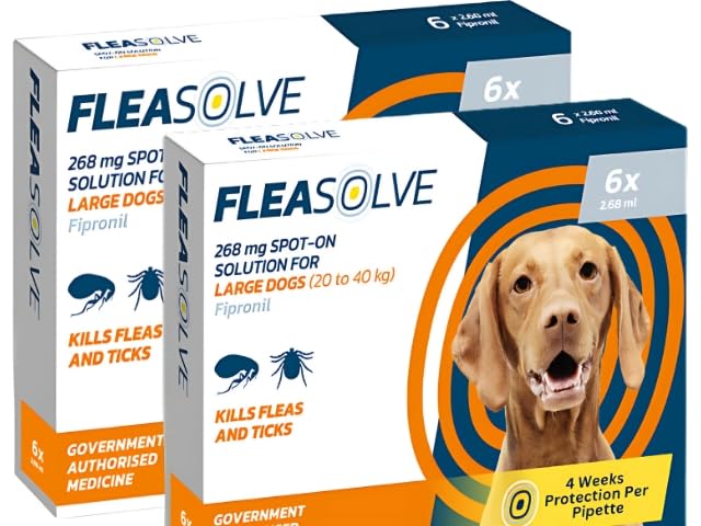 Dog Flea Treatment Large Dog x 12 - Spot on Flea Treatment for Dogs Large 20-40kg - FleaSolve Flea & Tick Solution - 12 x Pipettes - 12 - Doses