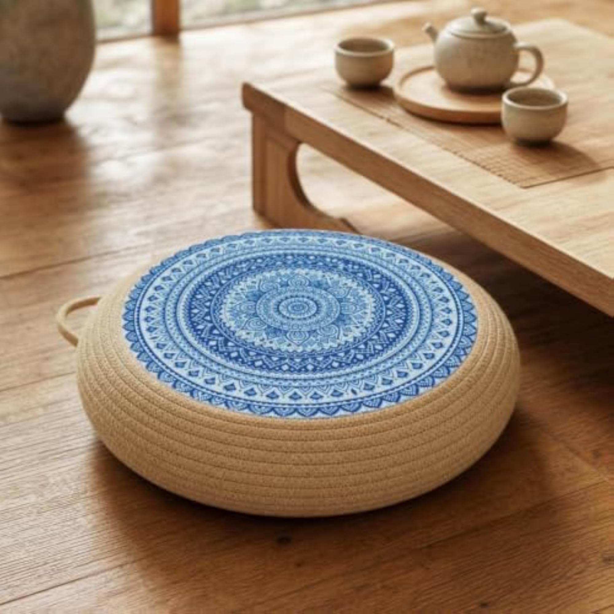 Low-Profile Thick Round Floor Cushion with Woven Rope
