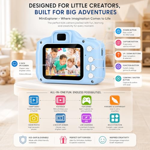 Image of MiniExplorer Mini Camera for Kids 3.0MP 1080P HD Video Digital Camera with 2-Inch Screen, USB Rechargeable Camera for Photo, Supports 32GB SD Card, Toys for Boys & Girls 7-14 Years - Blue