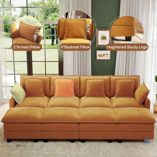 Image of 107 inch Cloud Couch Sectional Modular Sofa, Deep Seat Couches with Ottoman and Removable Washable Pillows for Living Room, Bedroom, Apartment, Orange