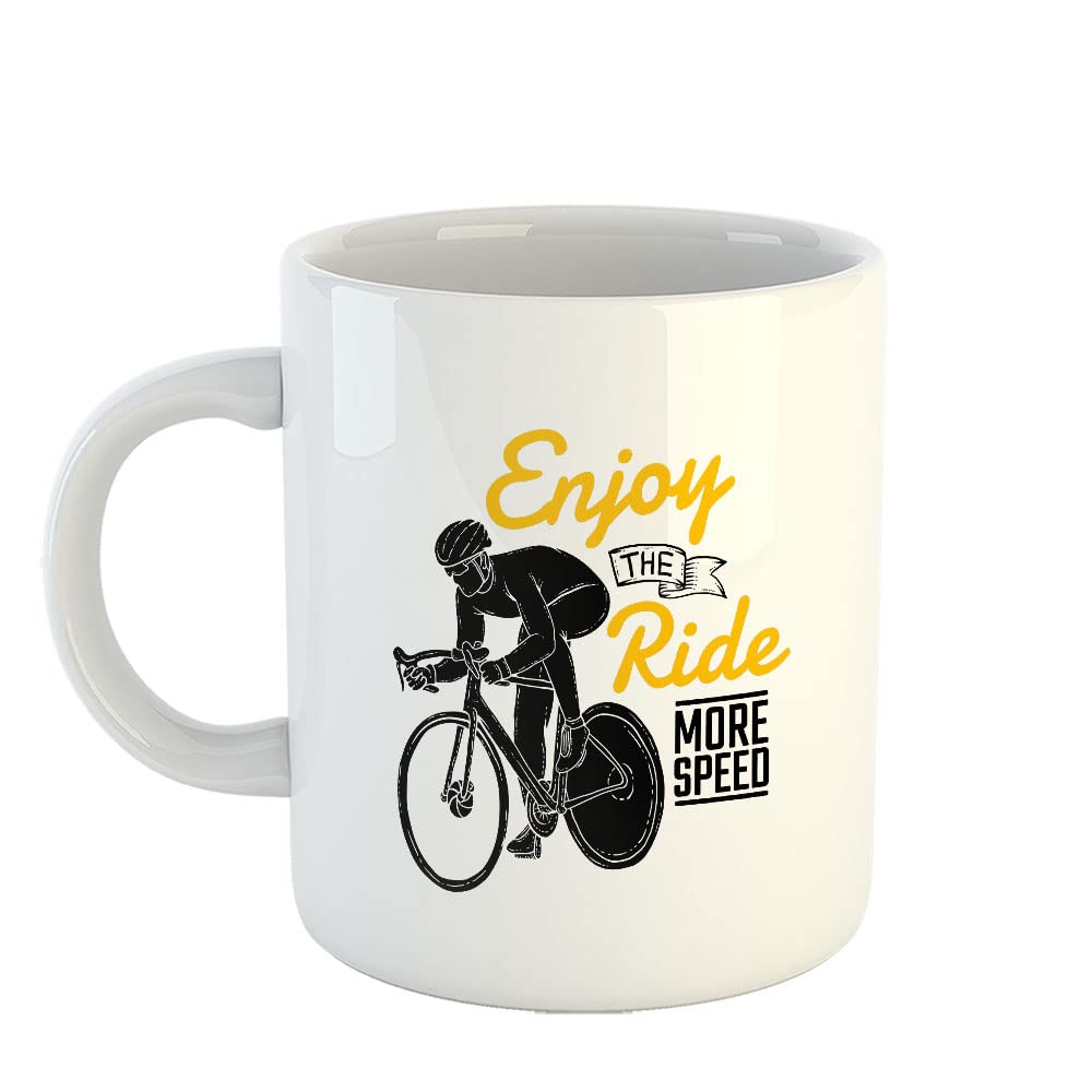 Happu - Printed Ceramic Coffee Mug, Cycling Designs, Enjoy The Ride Mode Speed, Gifts for Cycling Enthutiast, Cyclist, Road/MTB Bike Rider, Bicycle Lover, 325 ML(11Oz), 4650-WH