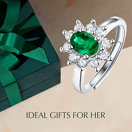 Valentines Day Ring Gifts For Women Cacestone Sterling Silver Gemstone 1 Carat 5X7Mm Created Emerald May Birthstone Oval Engagement Ring Classic Statement Rings Princess Diana Ring For Women Her Adjustable Size #TOP2