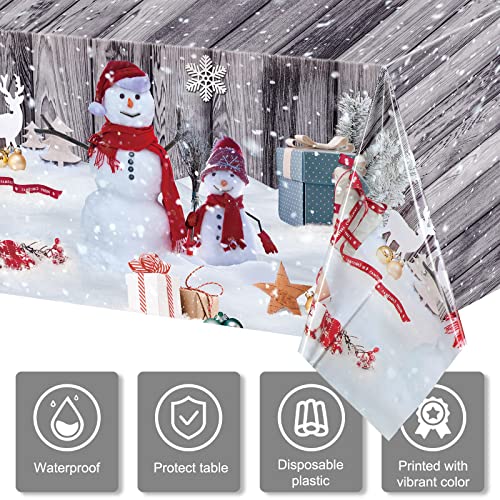 Tiamon 3 Pcs Christmas Tablecloth Snowman Table Cover Disposable Rustic Wood Grain Winter Snowflake Rectangle Table Cloth for Xmas New Year Holiday Party Supplies, 54 x 108 Inch – Image 5