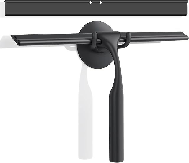 Ulinek Shower Window Squeegee 10 in, Squeegee Shower Scraper Window Cleaner Wiper with Suction Hook Storage for Bathroom Floor Wet Room Mirror Car Glass Cleaning with Replacement Silicone Blade,Black