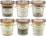Das Geschenkset Klassik Edition (730g) enthält je 1 Glas Bratkartoffel Salz, Karpaten Salz, Chili Salz, Ingwer Salz, Kräuter Salz und Knoblauch Salz