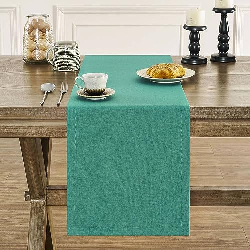 Image of ZeeMart Basic Linen Style Table Runner, 14 x 48 Inch Teal Chambray, Rustic Farmhouse Teal Table Runners 48 Inches Long, Everyday Polyester Table Runner - Machine Washable & Easy Care