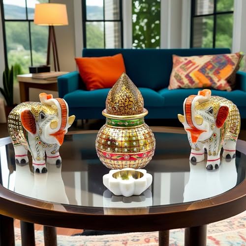 Premium Auspicious Marble Gift Box Set for Diwali, Weddings, Grihpravesh | Handcrafted Marble 2 Pcs Big Size 5" Elephants, Mangal Kalash, Shreephal, Diya (12x15 inch) — photo — 7 of 9
