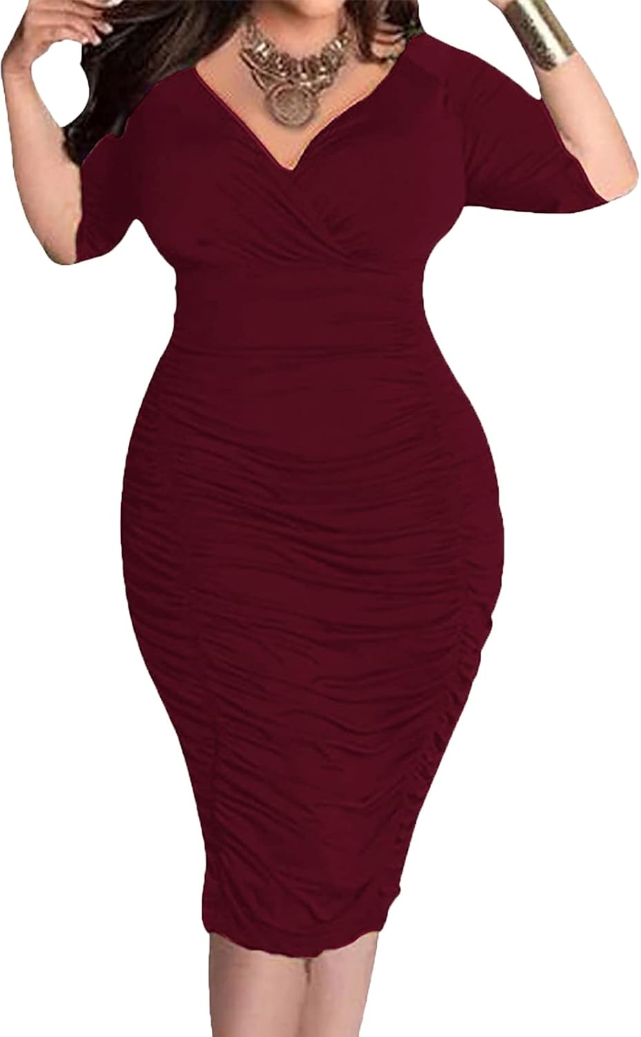 Yiershu Womens Plus Size Short Sleeve Bodycon Dresses Sexy Ruched Wrap Deep V Neck Party Cocktail Dress
