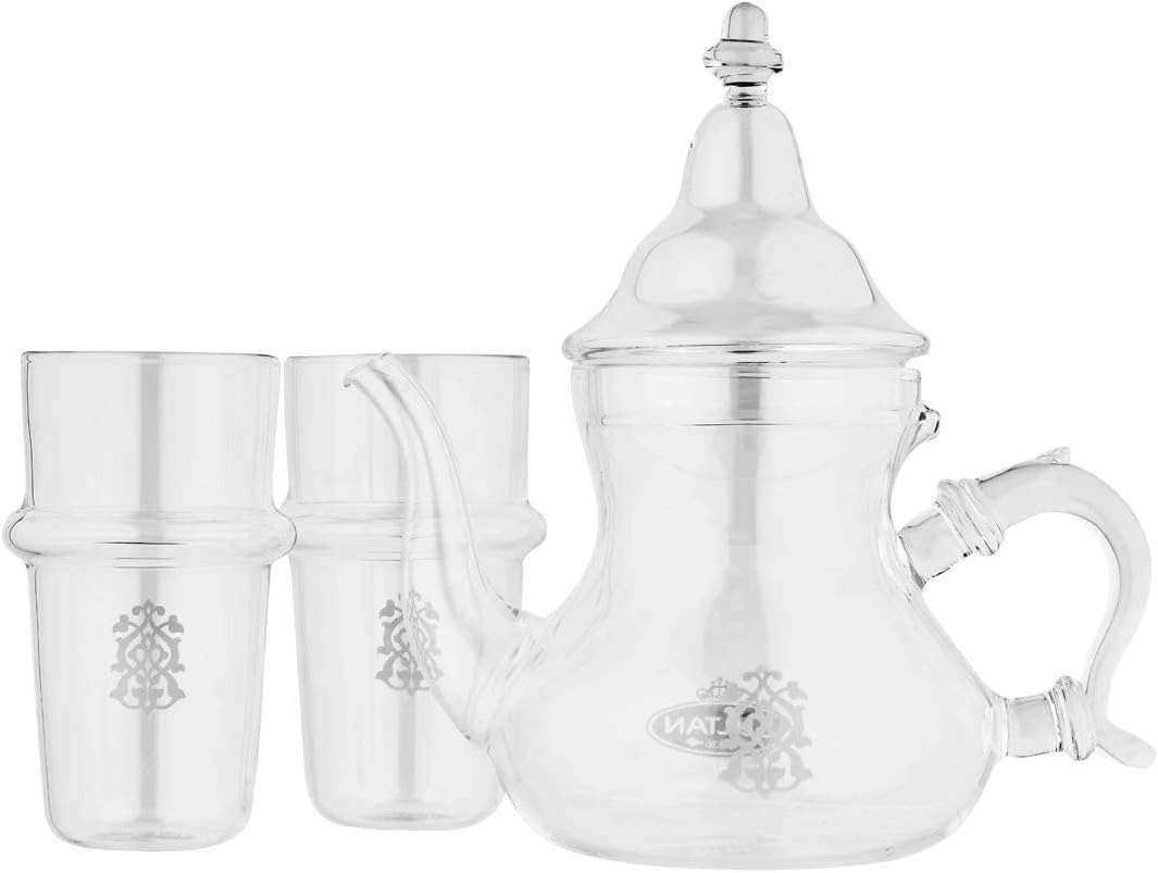SULTAN TEA Moroccan Glass Teapot Set with 2 Glass Tea Cups Heat Resistant Loose Tea and Coffee Gift Set, Traditional Moroccan Tea Pot Gift Set