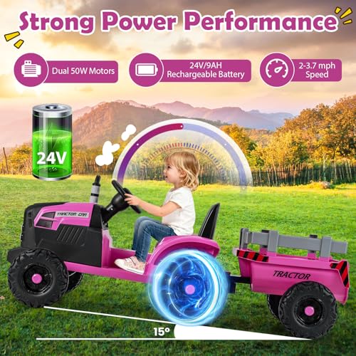 Image of Costzon 24V Ride on Tractor with Detachable Trailer, Kids' Electric Vehicles with 3 Speeds, 15 Climbing, Wireless Design, Horn & Music, Remote Control Tractor Toy for Kids 3+,Gift (24V, Dark Pink)