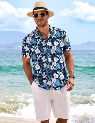 Image of COOFANDY Men's Linen Shirts Short Sleeve Casual Shirts Button Down Shirt for Men Beach Summer Wedding Shirt