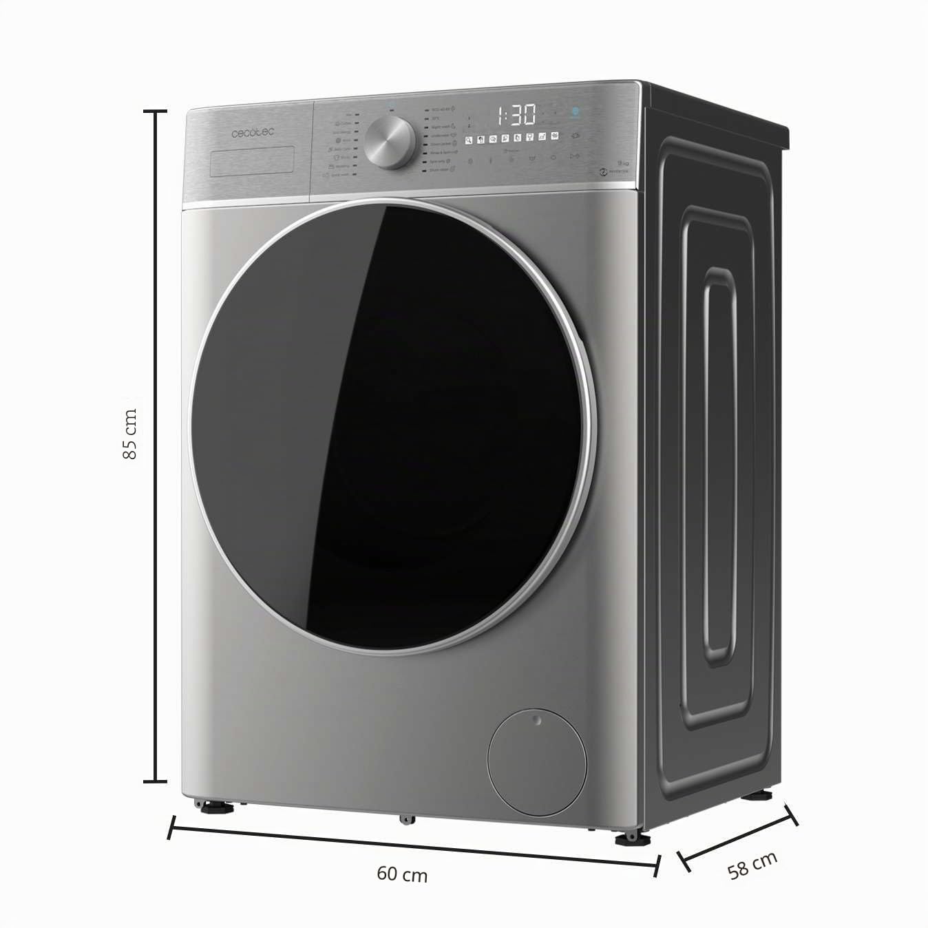 Cecotec Lavatrice 9 Kg di carico frontale Bolero DressCode 9800 Inverter Steel A. 1400 giri/min, classe A, 16 programmi, motore Inverter Plus, SteamMax, OnSmart, SpaCare, Fuzzy Logic e Display Touch
