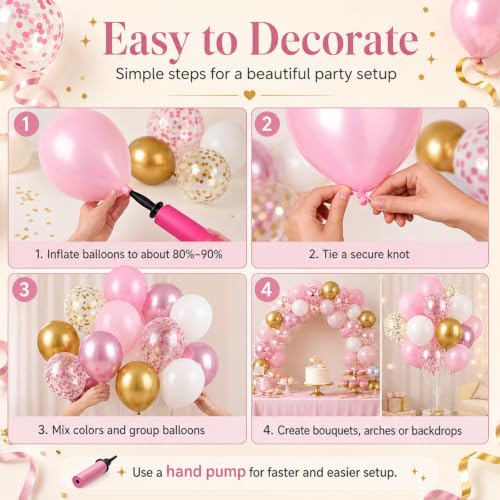 Image of Pink and Gold Balloons, 12 Inch Pink White Metallic Chrome Gold Confetti Pink Latex Balloons with Ribbon Pink Gold Party Balloons Set for Girls Baby Shower Birthday Princess Party Decorations