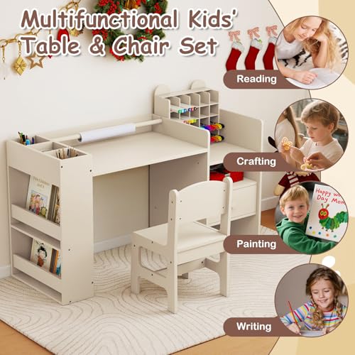 Image of Costzon Toddler Table and Chair Set, 2-in-1 Art Desk Set with Paper Roll | Drawing Table and Stool w / Cubby Cabinet, Storage Drawer and Side Book Rack for Drawing, Studying, Reading & Activity Play