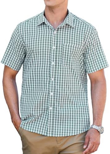 HISDERN Camisa Cuadros Hombre Verde Manga Corta Camisas Verano Hombre Casual Clásica Algodón Botones con Bolsillo Regular Fit XL