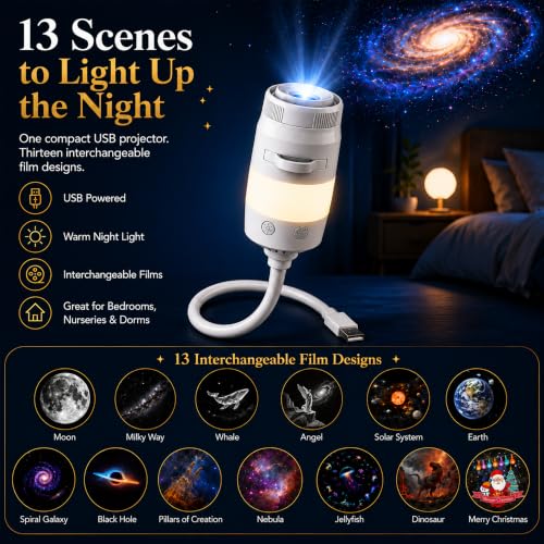 2-in-1 Galaxy Projector Night Light with 13 HD Projection Slides, USB Portable Starry Sky Night Light with 360° Rotation & Dual Auto-Off , Mini LED Ceiling Wall Lamp for Car Decor Bedroom Adults Gifts - image 3
