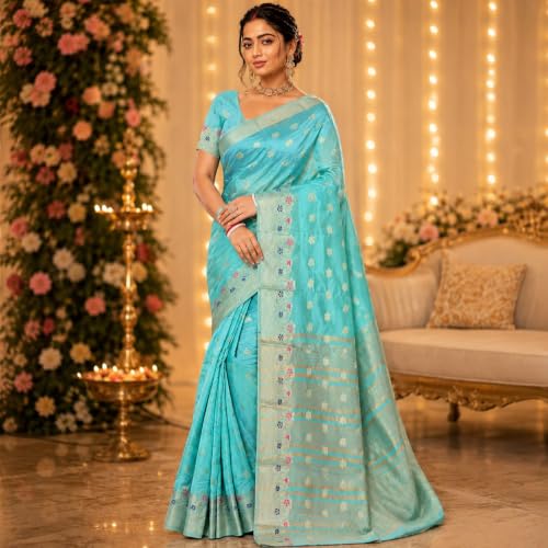 Image of Sarees for Women Wear Organza Silk Banarasi Sari Kanjivaram Soft Pure Paithani Wedding Original Kanchipuram Pattu Sadi with Blouse Piece 2026 (Gulab)
