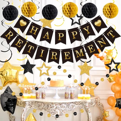 Image of Epakh 24 Pcs Retirement Party Decorations Black Gold Happy Retirement Banner Glitter Stars Hanging Swirl Streamers Honeycomb Balls Circle Dots Garland for Farewell Going Away Job Change Party