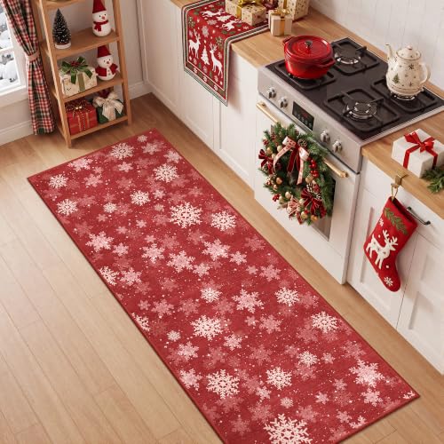 Restydon 2x5 Christmas Runner Rug for Hallway,Washable Kitchen Rugs,Red