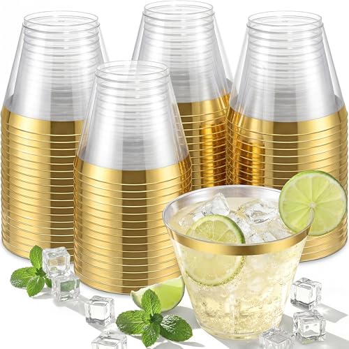 Nervure 240PCS Gold Plastic Cups - 9Oz Gold Rimmed Plastic Cups - Heavy Duty Disposable Clear Cup with Gold Rim Perfect for Weddings, Receptions & Parties