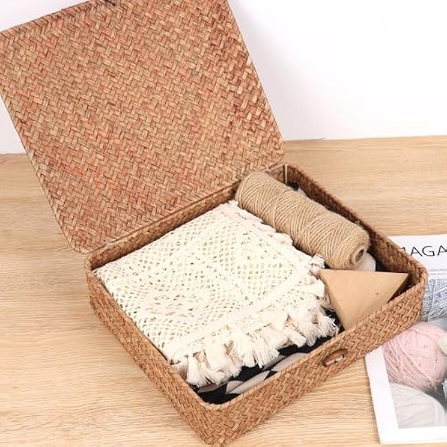 Flat Wicker Shelf Baskets with Lid, Handwoven Seagrass Basket Boxes for Storage Baskets Bins Home Decor Organizer (Coffee Set of 2)