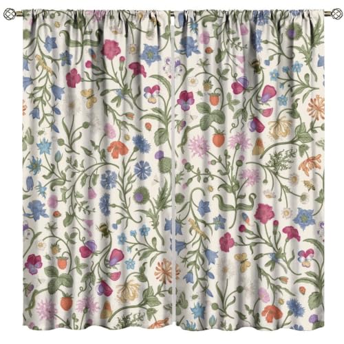 AuiMzoo Vintage Botanical Curtains, Wildflower, Butterfly, and Herbal Print Window Treatments, Blackout Curtains for Bedrooms, Living Rooms, and Kitchens42X54 Inch