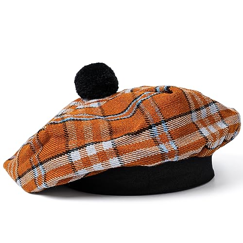 Image of Scottish Tam O' Shanter Hat Tartan Bonnet Pom Pom Wool Flat Cap One Size