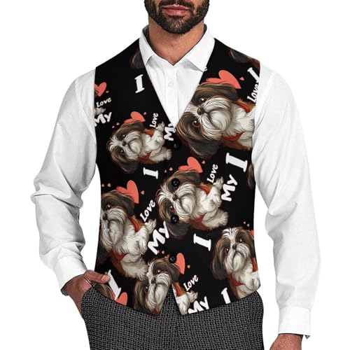 I Love My Shih-Tzu Men's Suit Vests Business Formal Dress Vest V-Neck Waistcoat for Wedding Casual