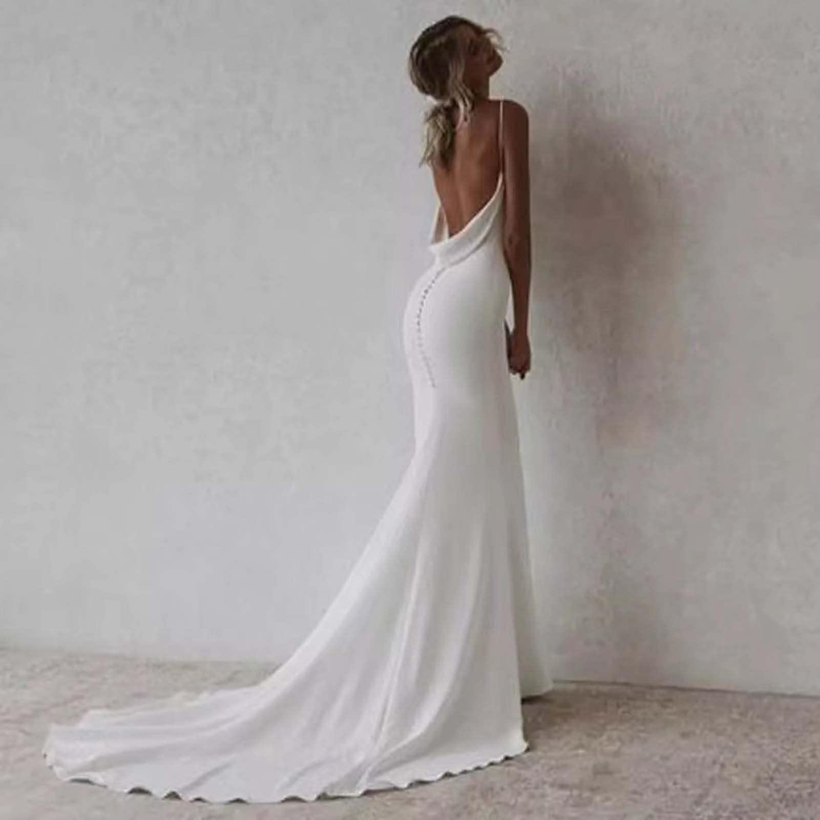 Vestido de Novia de Cuello V de Chiffon, Vestido de Dama de Honor de Sirena sin Espalda, Blanco, 6