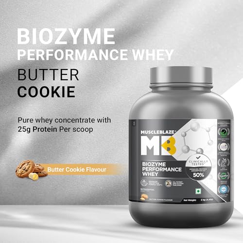 Image of MuscleBlaze Biozyme Performance Whey Protein Powder, Butter Cookie (2kg / 4.4lbs) | 25g Protein Per Scoop | Clinically Tested 50% Higher Protein Absorption